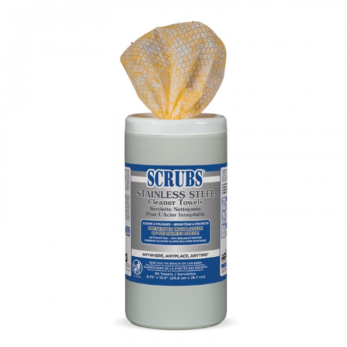 SCRUBS Stainless Steel Cleaner Wipes 91930, čistiace utierky na nerez v plastovom vedierku (30ks)